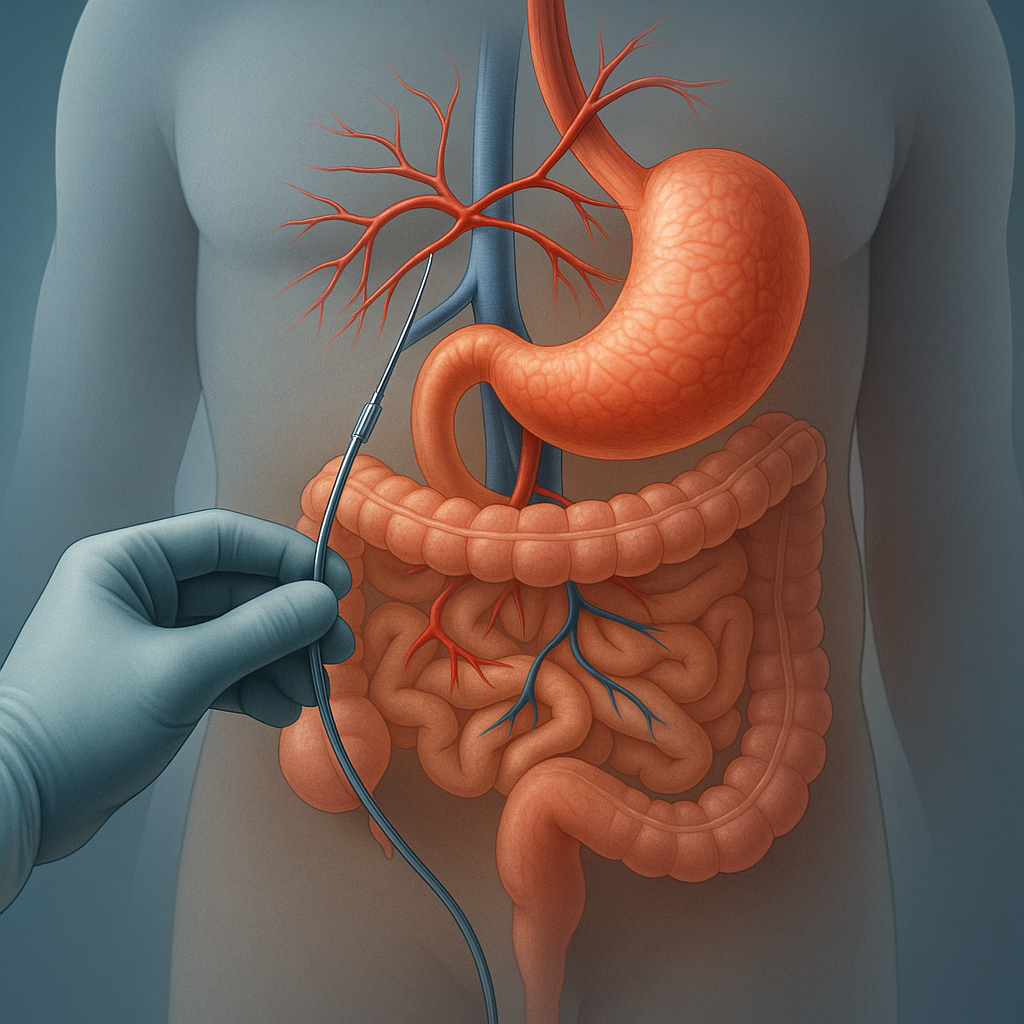 Medical illustration showing bariatric embolization procedure targeting stomach arteries for weight loss